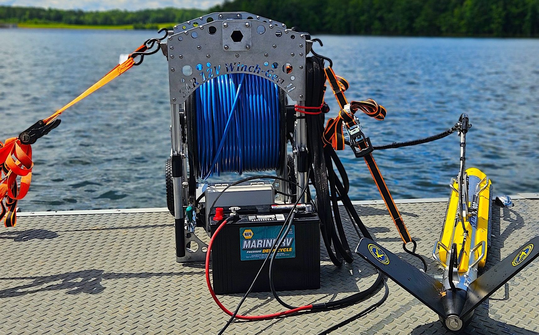 Portable Sonar Winch with side-scan sonar towfish ready for deployment on a boat deck.